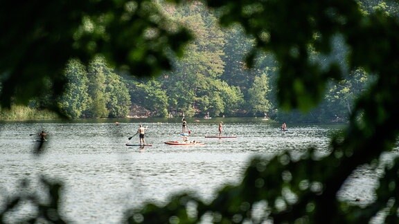 Stand-Up Paddler fahren auf dem Schlachtensee.