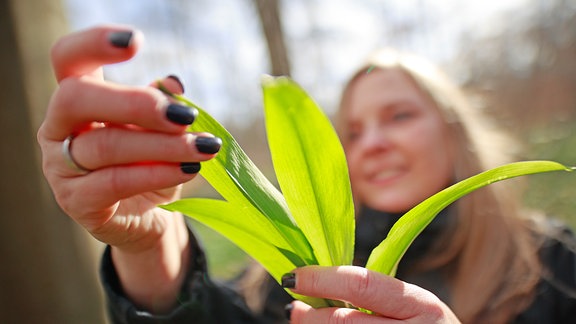 Eine Frau hält Bärlauch in der Hand