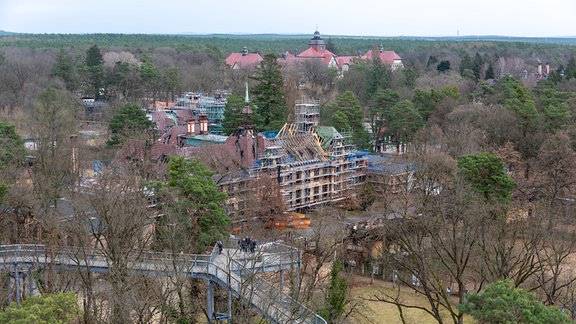 Blick vom 700 Meter langen Baumkronenpfad "Baum und Zeit" auf denkmalgeschützte Gebäude der Beelitz-Heilstätten