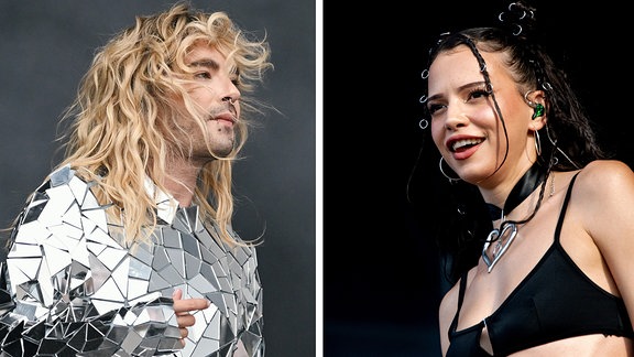 Bill Kaulitz von der Band Tokio Hotel steht beim Glücksgefühle-Festival am 13.09.2024 auf der Bühne am Hockenheimring (l) und Nina Chuba, deutsche Sängerin und Rapperin, steht auf dem Deichbrand Festival am 19.07.2024 auf der Bühne
