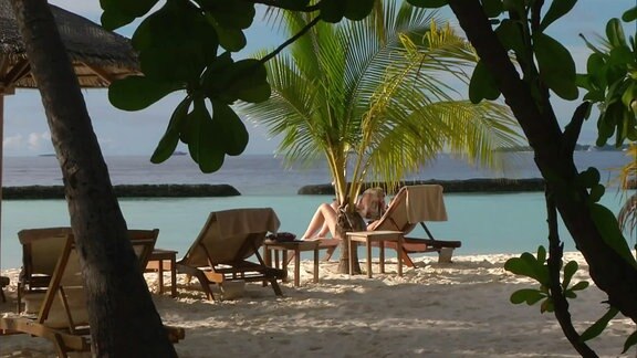 Eine Person liegt auf einem Liegestuhl an einem Strand mit Palmen.