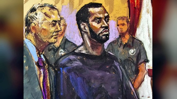 Zeichnung zeigt P.Diddy vor Gericht.