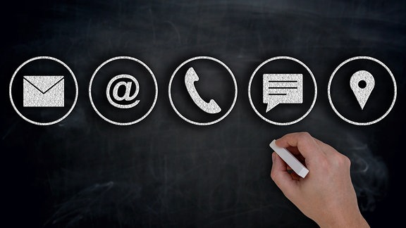 Icons für Brief, E-mail, Telefon, Sms und Standort sind nebeneinander zu sehen.