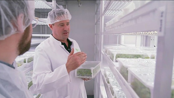 Zwei Männer in Schutzkleidung im Labor mit Pflanzen.