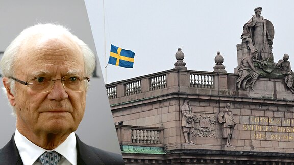 König Carl Gustav und das Schwedische Parlament mit Fahne auf Halbmast