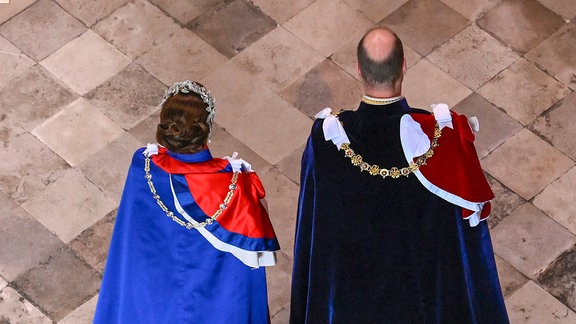 Prinzessin von Wales, Prinz William, Prinz von Wales, Prinzessin Charlotte von Wales und Prinz Louis von Wales während der Krönung von König Charles III. und Königin Camilla