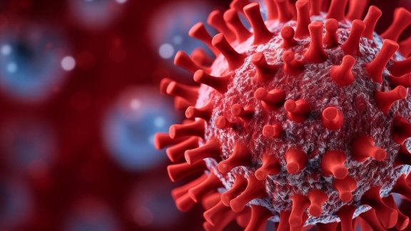 Ein rotes Modell eines Virus (KI-generiert).