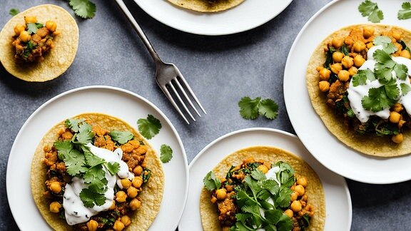 Blick von oben auf leckeres Tortilla-Fladenbrot mit Kichererbsen und Fleisch, garniert mit Koriander und Sauerrahm, serviert auf Tellern mit Besteck über grauem Tischhintergrund.
