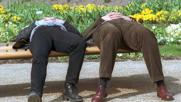 Zwei Besucher der Bundesgartenschau in Potsdam bei einem Nickerchen. 2001