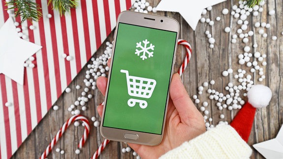 Hand hält Handy mit weißen Warenkorb Zeichen auf grünem H