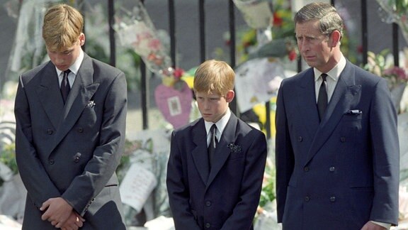 Der britisch Prinz Charles (r-l), Prinz Harry und Prinz William während des Trauerzuges für Prinzessin Diana. 