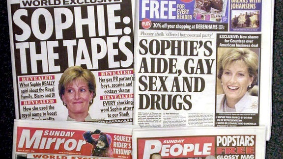 Titelbilder Britischer Boulevardzeitungen mit Schlagzeilen zu Herzogin Sophie