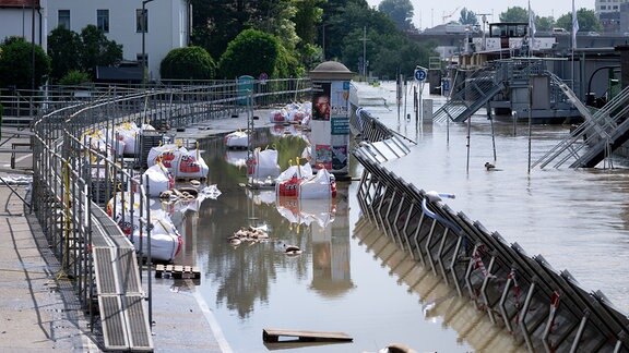 Hochwasserstege und Schutzwände sind am Donauufer an der Werftstraße zu sehen.