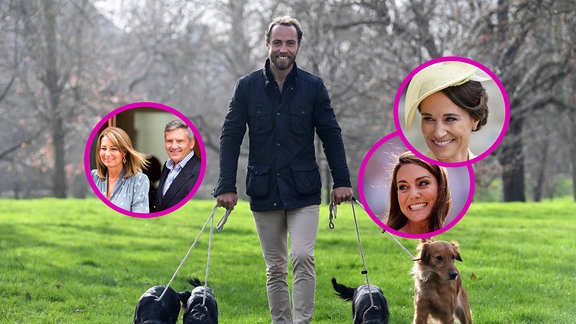 Fotomontage: James Middleton führt seine Hunde aus. Seine Familienmitglieder sind in Kreisen eingeblendet.