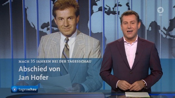 Jens Riewa, künftiger Chefsprecher der "Tagesschau" moderiert Jan Hofer, Chefsprecher der "Tagesschau", bei seiner letzten Nachrichtensendung ab.