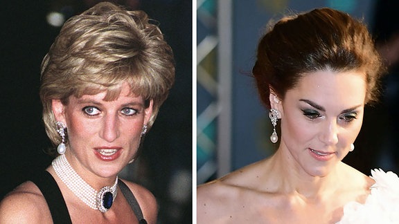 Die Kombo aus zwei Einzelbildern zeigt am 20.11.95 Diana, Prinzessin von Wales, und Kate, Herzogin von Cambridge (r). Beide tragen das gleiche Paar Ohrringe. 