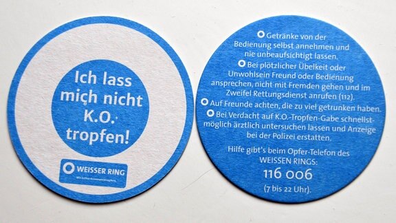 Bierdeckel mit Tipps gegen KO-Tropfen - Weisser Ring