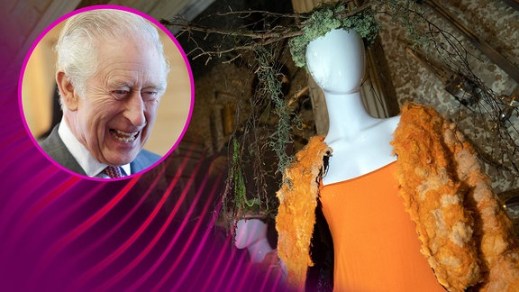 Oranges Zellulosekleid mit Nesseljacke aus Sandringham-Nessel - König Charles III., herzhaft lachend, während seiner Geburtstagsparty 2023 