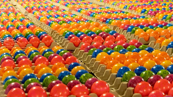 Hunderte bunte Eier für das Osterfest bei der Baumeister Frischei GmbH & Co. KG.