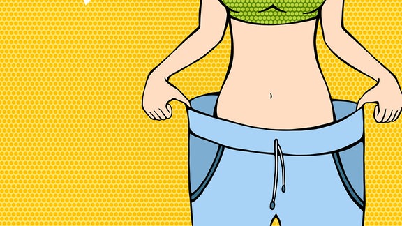 Illustration: Dünne Frau hält weite Hose an Bund fest