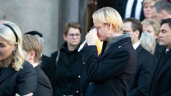 Marius Borg,während der Trauerfeier für Ari Behn in der Domkirche in Oslo, 2020