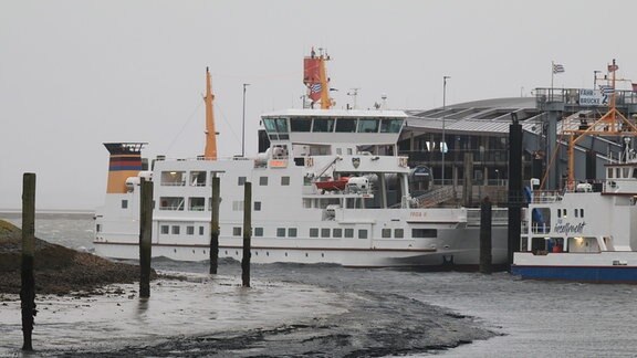 Die Fähre «Frisia II» der Reederei Norden-Frisia liegt bei extrem niedrigem Wasserstand bei Ebbe im Hafenbecken der Insel Norderney.