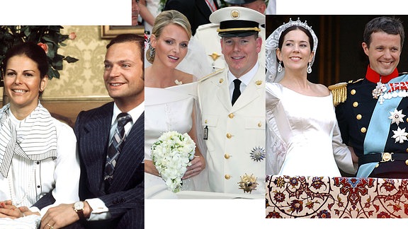 Der schwedische Köngi Carl Gustav von Schweden während seiner Verlobung mit der bürgerlichen Deutschen Silvia Sommerlath, Hochzeit von Albert und Charlene von Monaco und Der dänische Kronprinz Frederik (r) und seine frisch angetraute Frau Prinzessin Mary