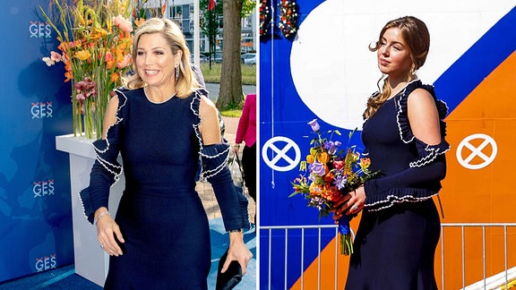 Bildcombo: Königin Maxima der Niederlande in einem Kleid von Designer Oscar de la Renta, und Prinzessin Alexia der Niederlande mit dem selben Kleid, bei der Schiffstaufe von Schleppsaugbagger «Vox Alexia»
