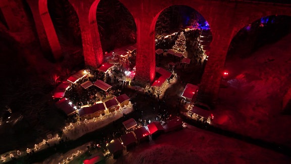 Ein Weihnachtsmarkt von oben.