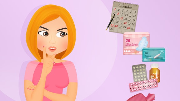 Eine animierte Frau neben verschiedenen Hilfsmitteln für die Menstruation