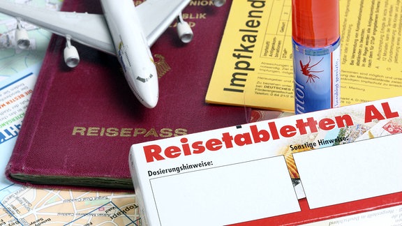 Impfausweis, Reisepass, Reisetabletten, Spielzeugflugzeug