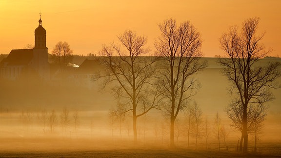 Saharastaub färbt im Gegenlicht der aufgehenden Sonne den Himmel rund um die Kirche Mariä Himmelfahrt bei Seekirch am Federsee orangefarben.