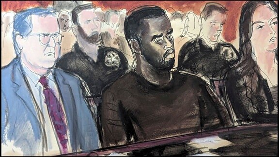 Rapper Sean "Diddy" Combs auf der Anklagebank (Gerichtszeichnung)