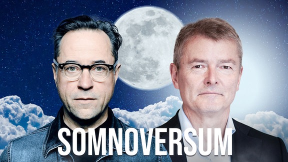 Schauspieler Jan Josef Liefers und Prof. Dr. Ingo Fietze, Leiter des Schlafzentrums der Berliner Charité und der Schriftzug "Somnoversum".