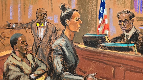 In dieser Gerichtsskizze spricht die stellvertretende Staatsanwältin der Vereinigten Staaten, Christy Slavic, in der Mitte, während einer Anhörung für Sean „Diddy“ Combs, links, während Richter Arun Subramanian, rechts, am Freitag, den 22. November 2024, in New den Vorsitz im Bundesgericht führt York.
