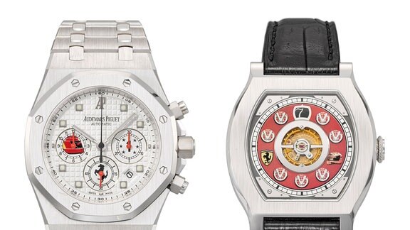 Die Kombo zeigt ein Audemars Piguet Royal Oak-Chronograph (l) und die Journe Vagabondage 1 Model-Uhr, beide aus dem Besitz von Michael Schumacher 