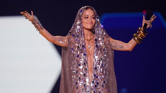 Rita Ora on stage at the MTV Europe Music Awards 2024