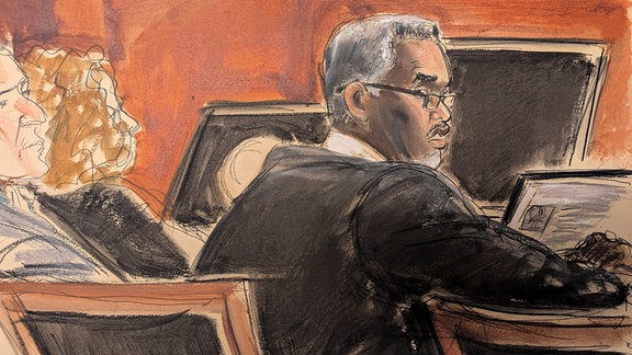 Eine Gerichtszeichnung zeigt Sean Diddy Combs, der am Tisch der Verteidigung sitzt, bevor die Auswahl der Geschworenen am Bundesgericht in Manhattan beginnt.
