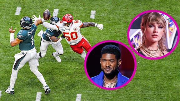 Collage: Usher und Taylor Swift beim Super Bowl 2024