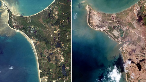Satelitenbilder von Khao Lak in Thailand, vor und nach der Tsunamikatastrophe.