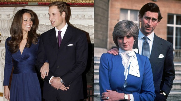 Eine Kombination zeigt ein Bild (rechts) von Seiner Königlichen Hoheit Charles Windsor, Prinz von Wales, und seiner damaligen Verlobten Lady Diana Spencer am Tag der Bekanntgabe ihrer Verlobung in den Gärten des Buckingham Palace in London, 1981, und ein Bild (links) des britischen Prinzen William und Kate Middleton während eines Fototermins anlässlich ihrer Verlobung in den Prunkräumen des St. James's Palace in London. 2010