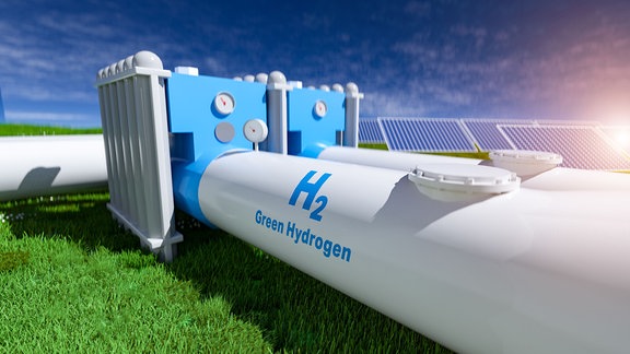 Pipeline mit Aufschrift H2 Green Hydrogen