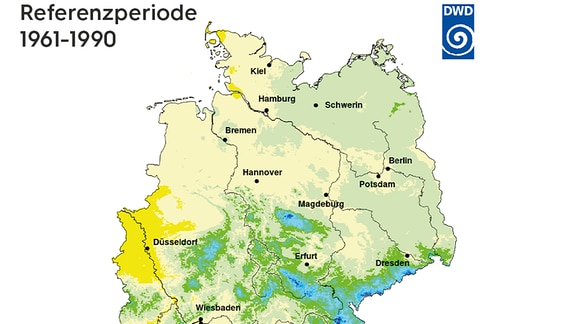 Karte, auf der die Wahrscheinlichkeit für weiße Weihnachten in Deutschland farblich markiert ist. Jahre 1961-1990