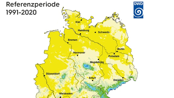 Karte, auf der die Wahrscheinlichkeit für weiße Weihnachten in Deutschland farblich markiert ist. Jahre 1991-2020