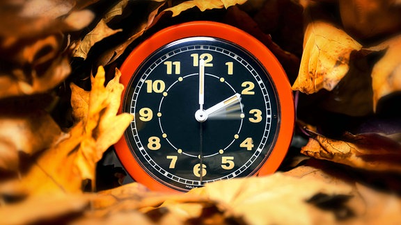 Wecker mit Herbstlaub, Umstellung von Sommer- auf Winterzeit